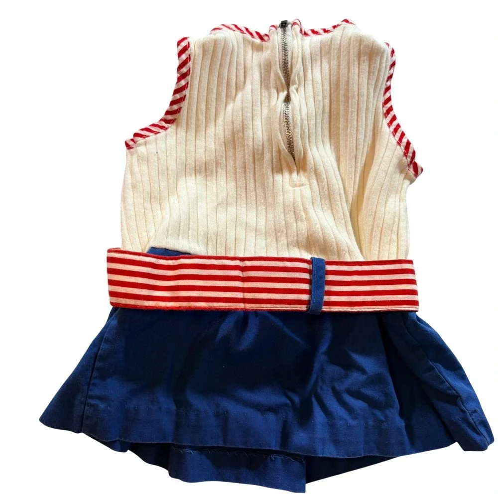 Vintage Nautical Sailboat Dress Girls Size 3 Sleeveless Striped Belt Blue Red